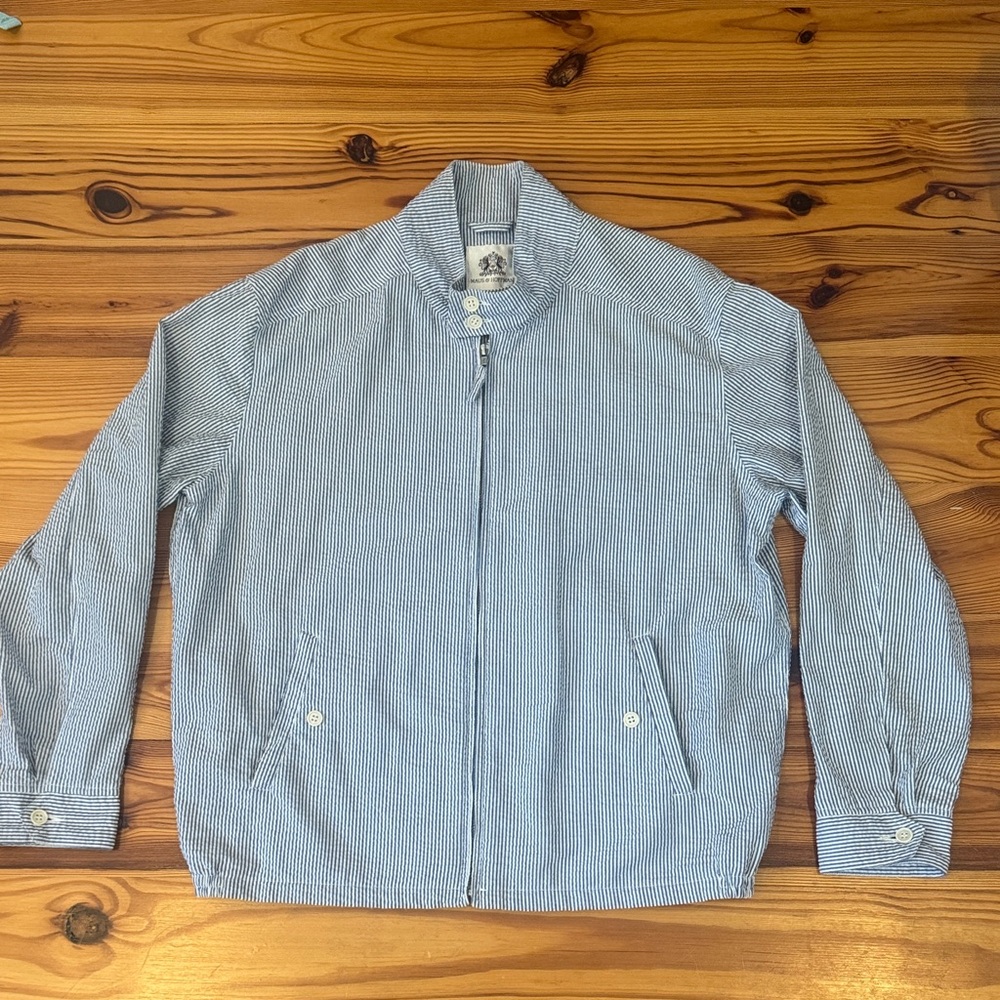 EUC Maus & Hoffman Classic Blue Striped Men's Seersucker Bomber Jacket Sz Large